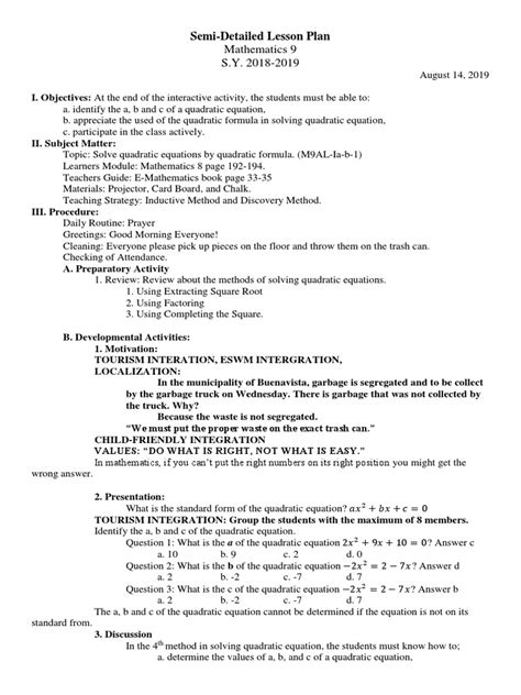 Mathematics Semi Detailed Lesson Plan .